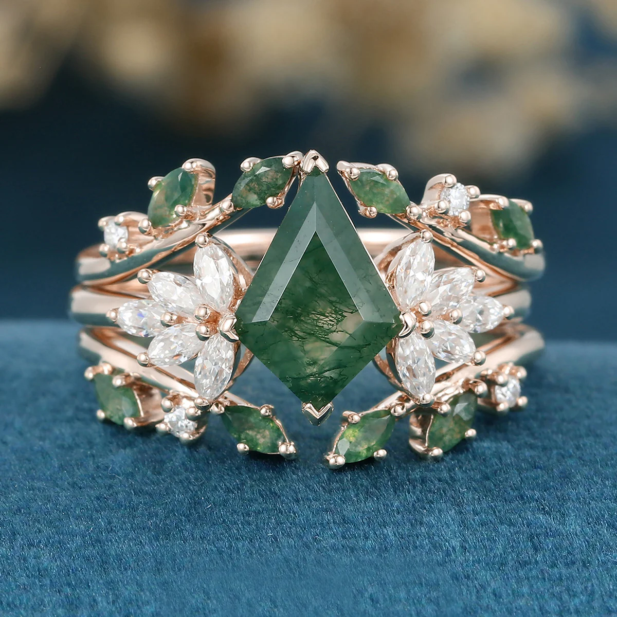 Nature Inspired Kite cut Moss Agate Leaf Gold Ring set - Image 8