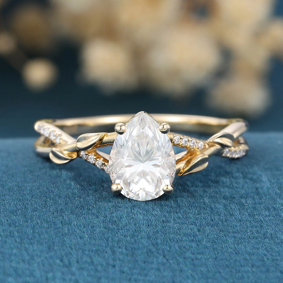 Nature Inspired Pear cut Moissanite Leaf Gold Engagement Ring - Image 10