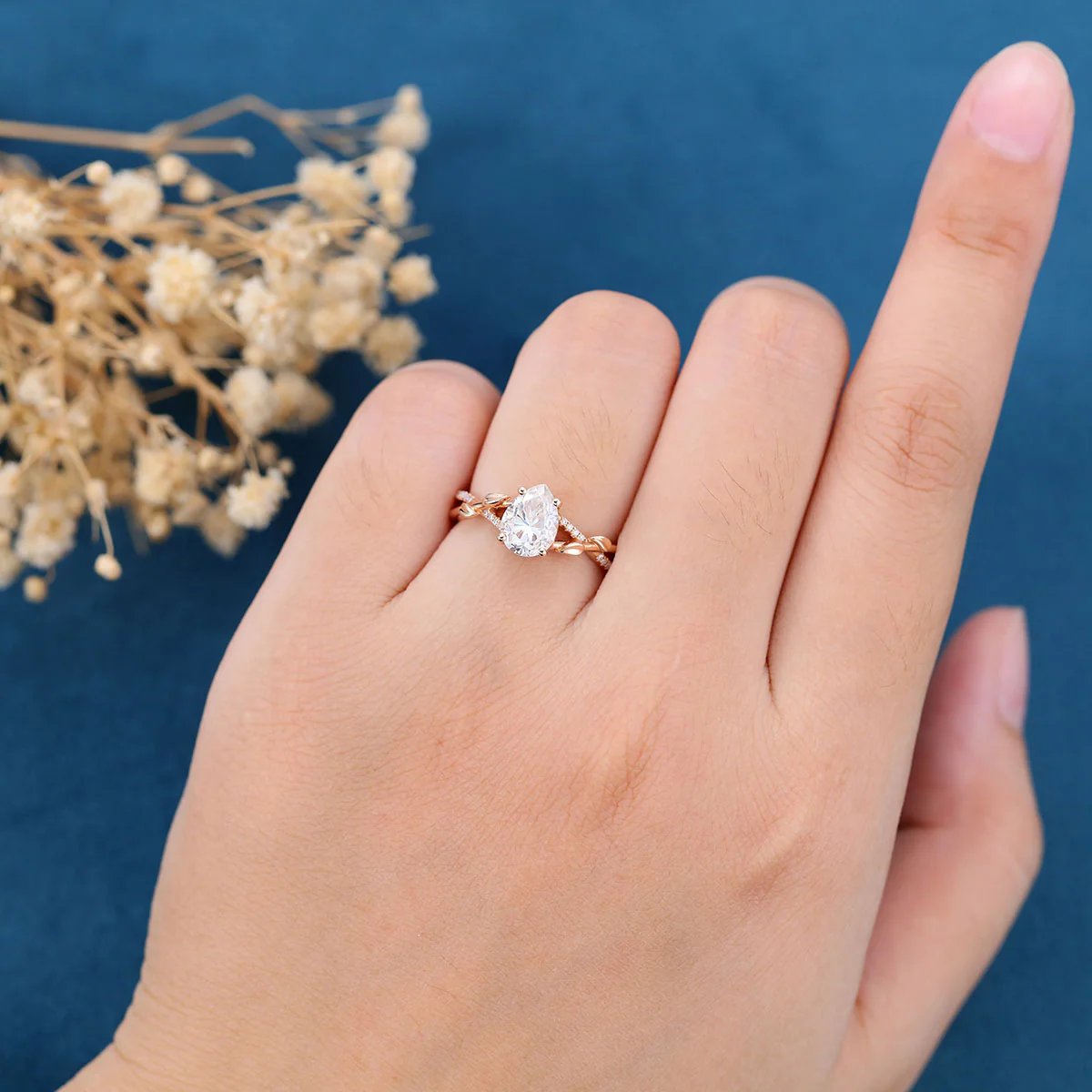 Nature Inspired Pear cut Moissanite Leaf Gold Engagement Ring - Image 2