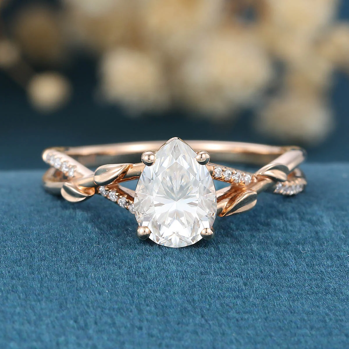 Nature Inspired Pear cut Moissanite Leaf Gold Engagement Ring - Image 3