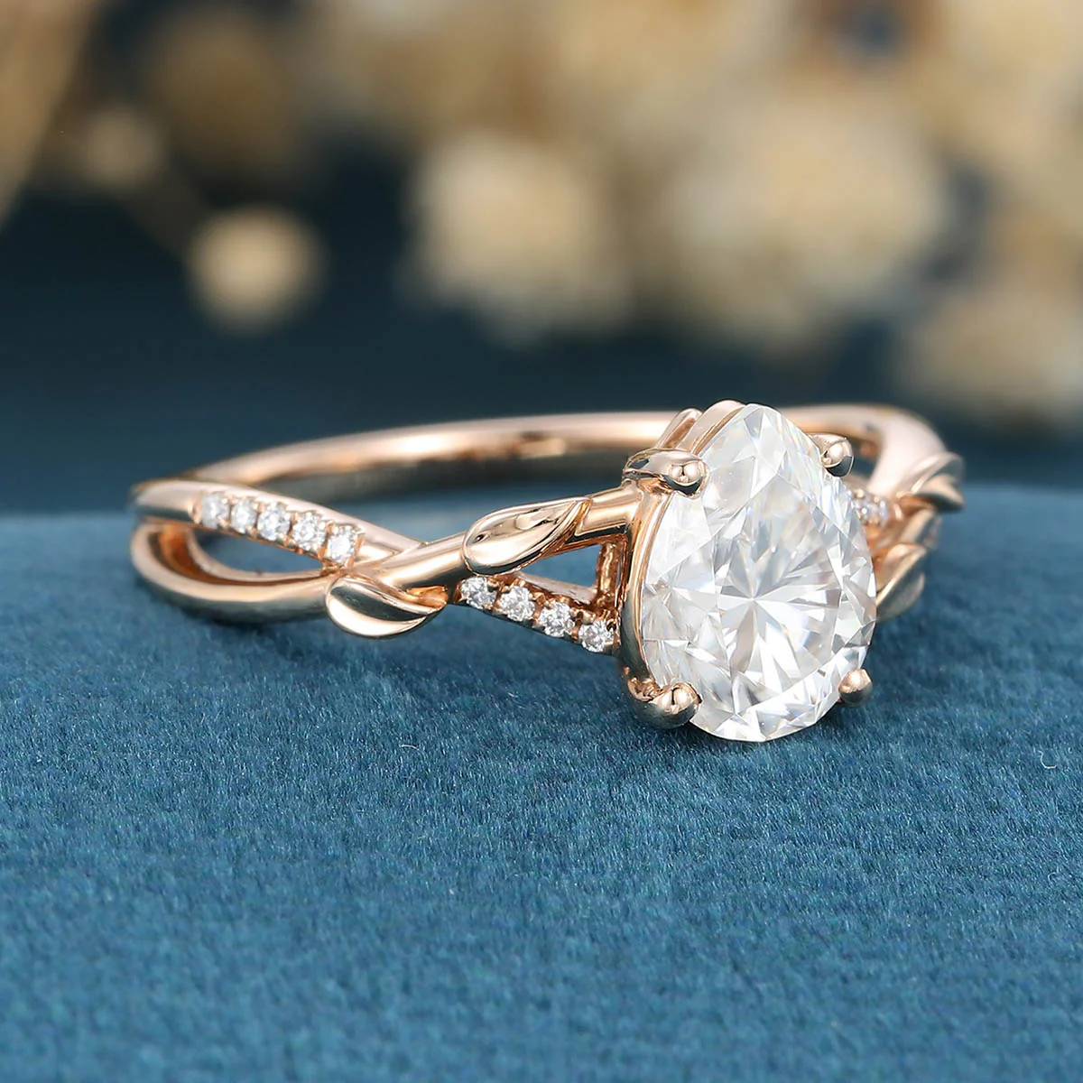 Nature Inspired Pear cut Moissanite Leaf Gold Engagement Ring - Image 4