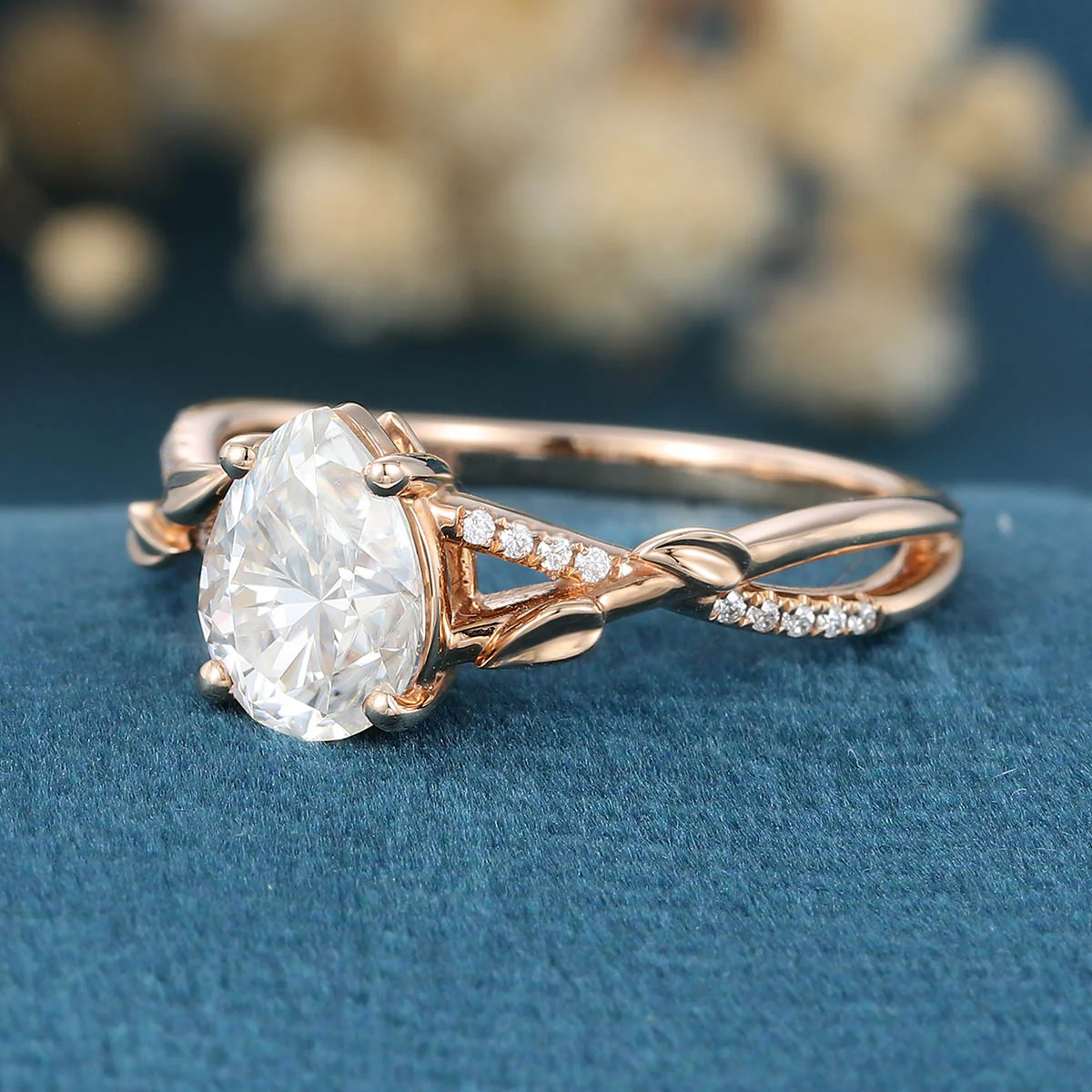 Nature Inspired Pear cut Moissanite Leaf Gold Engagement Ring - Image 5