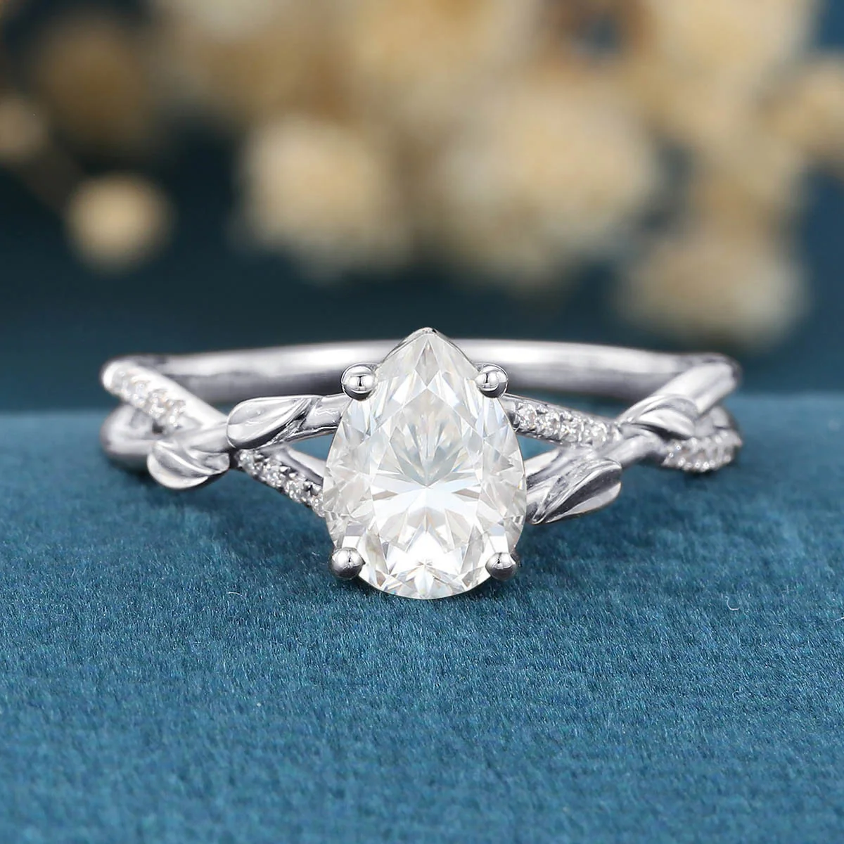 Nature Inspired Pear cut Moissanite Leaf Gold Engagement Ring - Image 8
