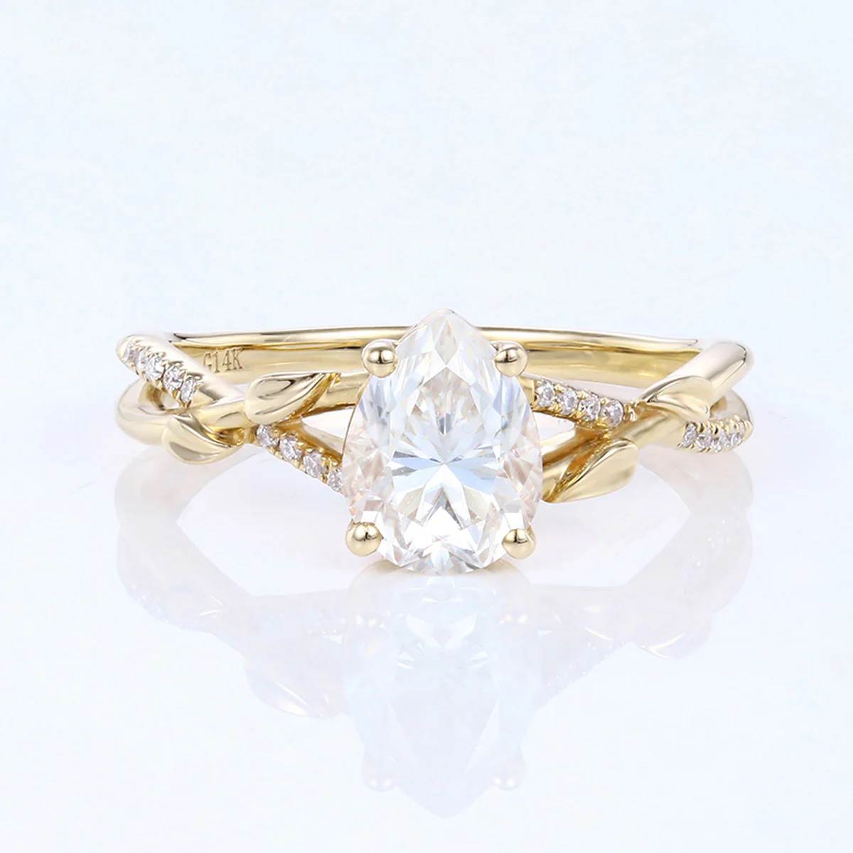 Nature Inspired Pear cut Moissanite Leaf Gold Engagement Ring - Image 9