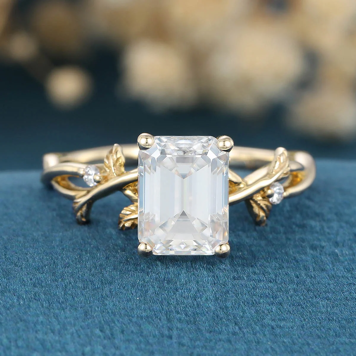 Nature Inspired Emerald cut Moissanite Leaf Gold Engagement Ring - Image 10