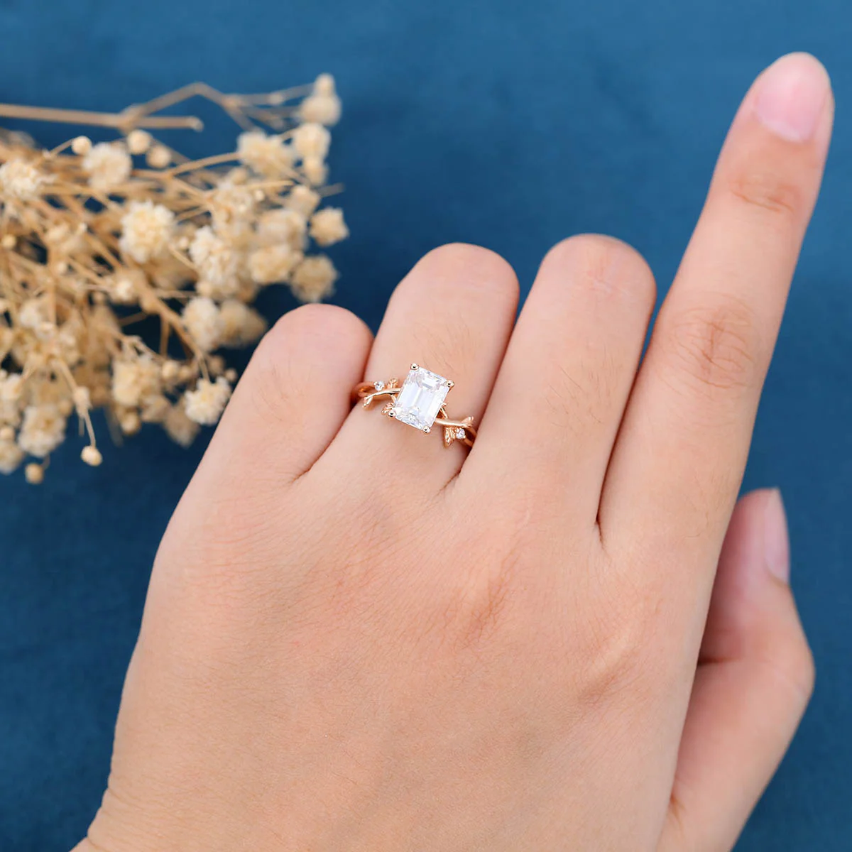 Nature Inspired Emerald cut Moissanite Leaf Gold Engagement Ring - Image 2