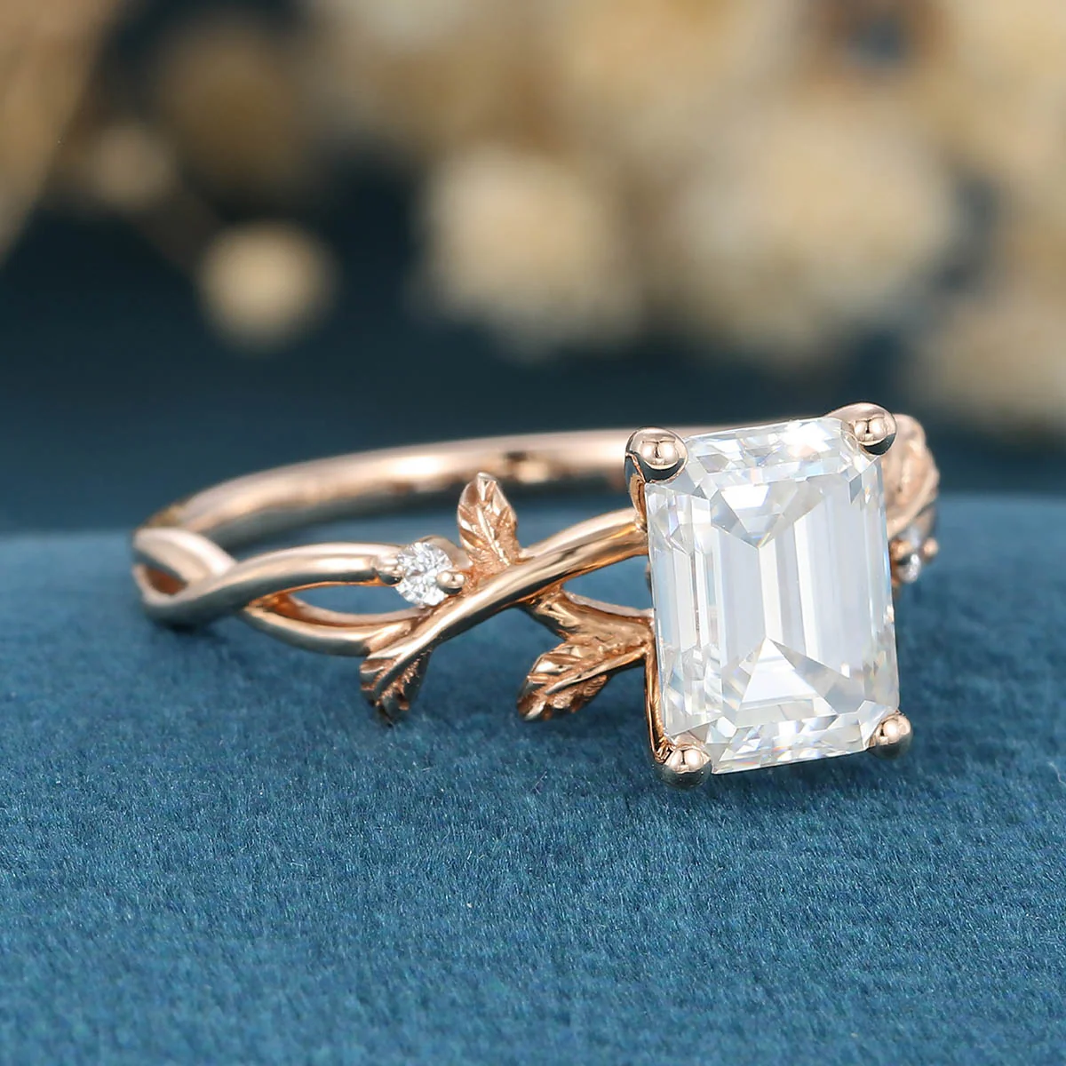 Nature Inspired Emerald cut Moissanite Leaf Gold Engagement Ring - Image 4