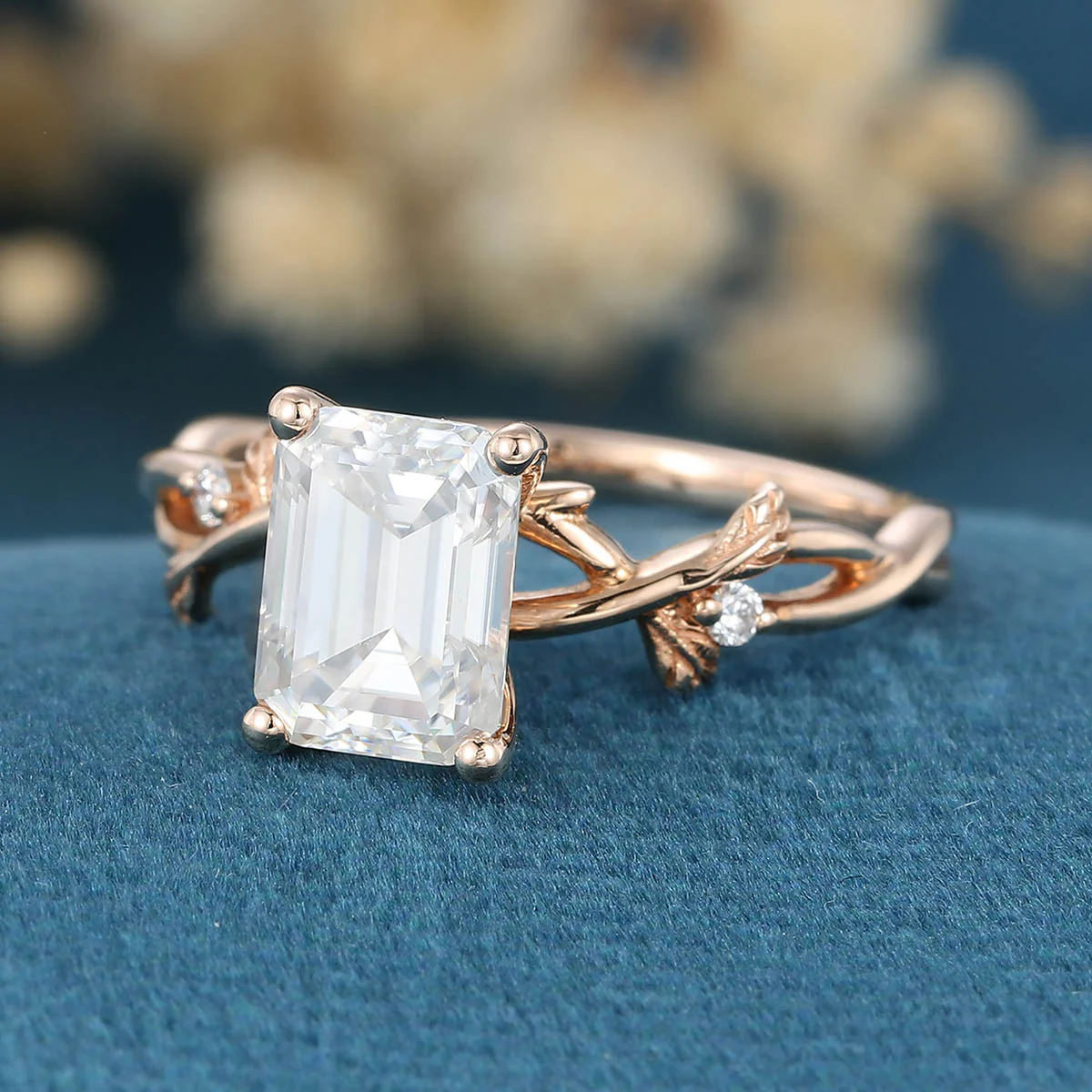 Nature Inspired Emerald cut Moissanite Leaf Gold Engagement Ring - Image 5