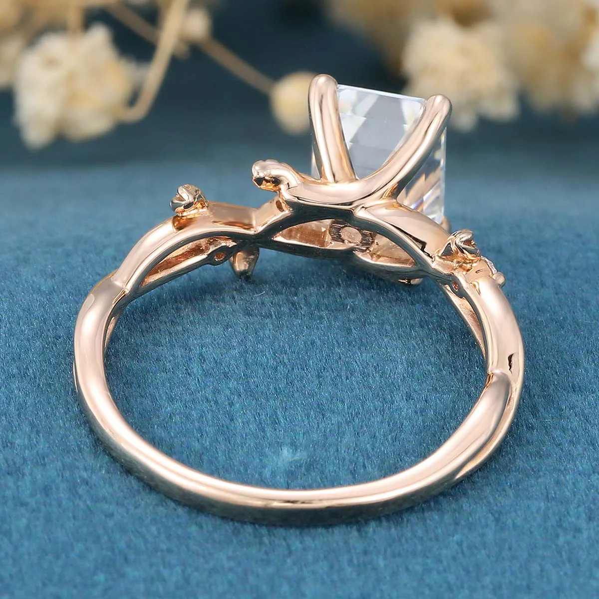 Nature Inspired Emerald cut Moissanite Leaf Gold Engagement Ring - Image 6