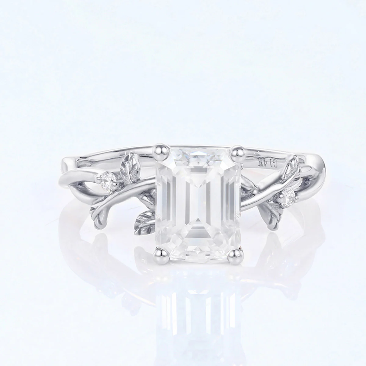 Nature Inspired Emerald cut Moissanite Leaf Gold Engagement Ring - Image 7