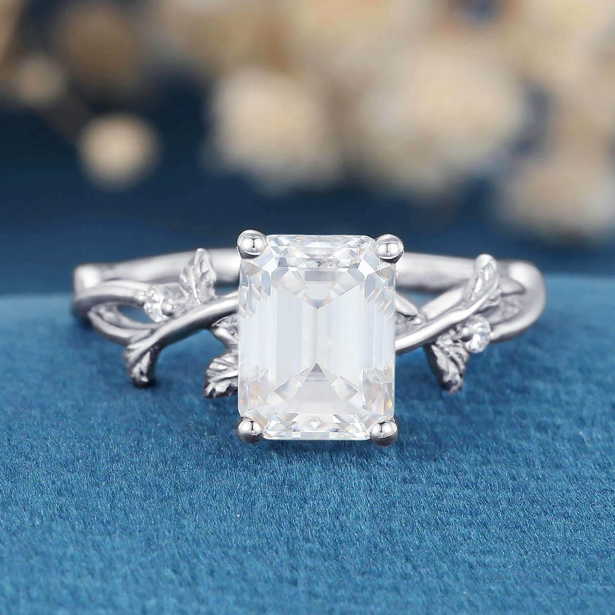 Nature Inspired Emerald cut Moissanite Leaf Gold Engagement Ring - Image 8