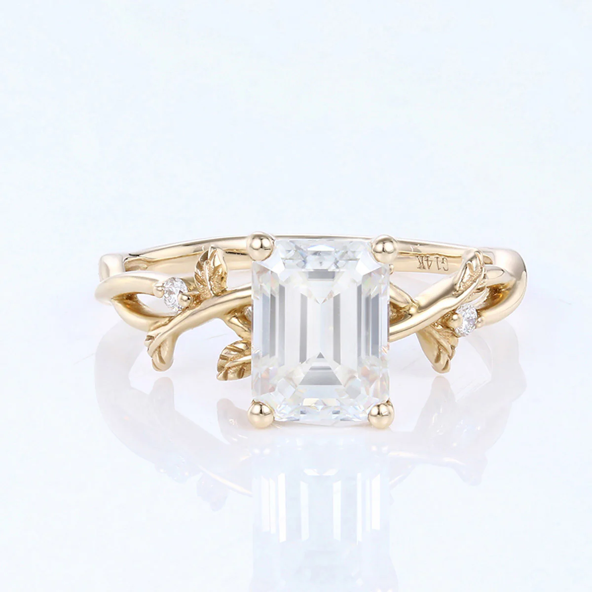 Nature Inspired Emerald cut Moissanite Leaf Gold Engagement Ring - Image 9