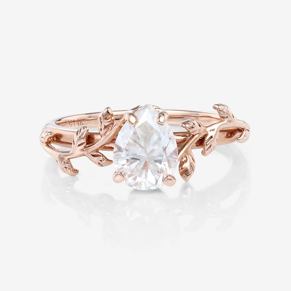 Nature Inspired Pear cut Moissanite Leaf Gold Engagement Ring
