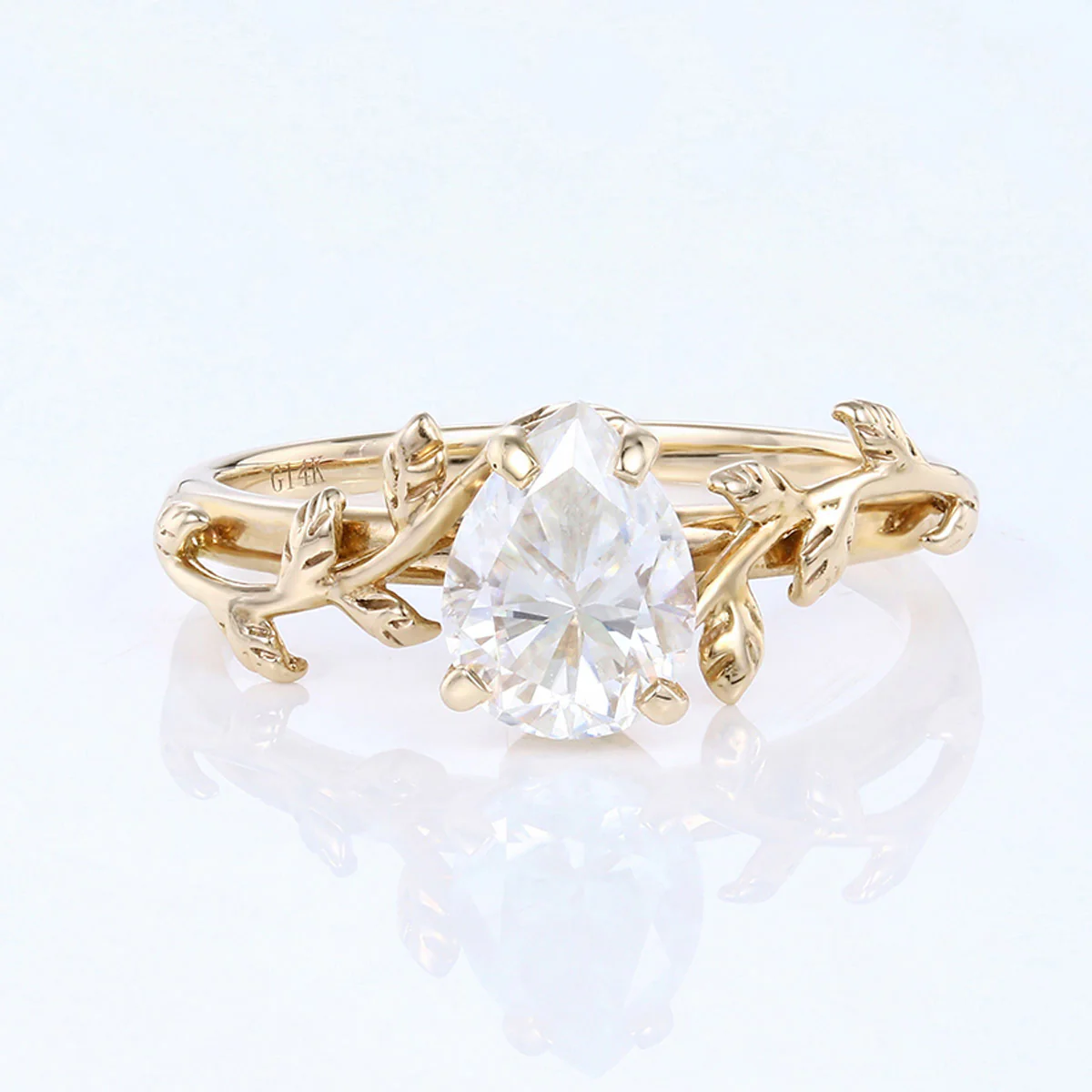 Nature Inspired Pear cut Moissanite Leaf Gold Engagement Ring - Image 10