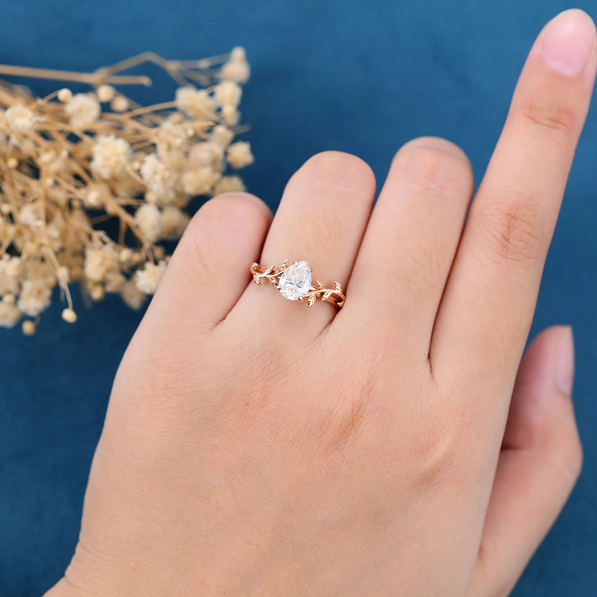 Nature Inspired Pear cut Moissanite Leaf Gold Engagement Ring - Image 2