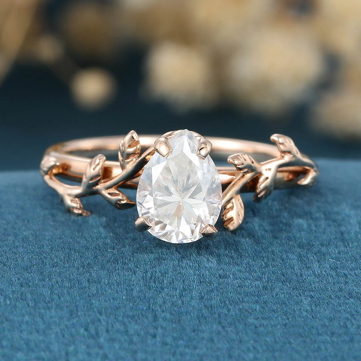 Nature Inspired Pear cut Moissanite Leaf Gold Engagement Ring - Image 3