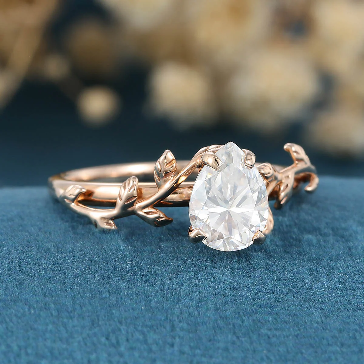 Nature Inspired Pear cut Moissanite Leaf Gold Engagement Ring - Image 4