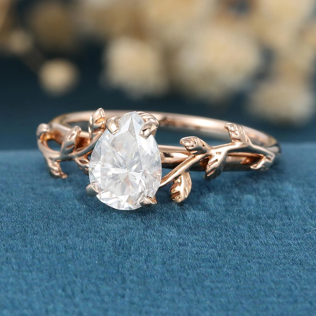 Nature Inspired Pear cut Moissanite Leaf Gold Engagement Ring - Image 5