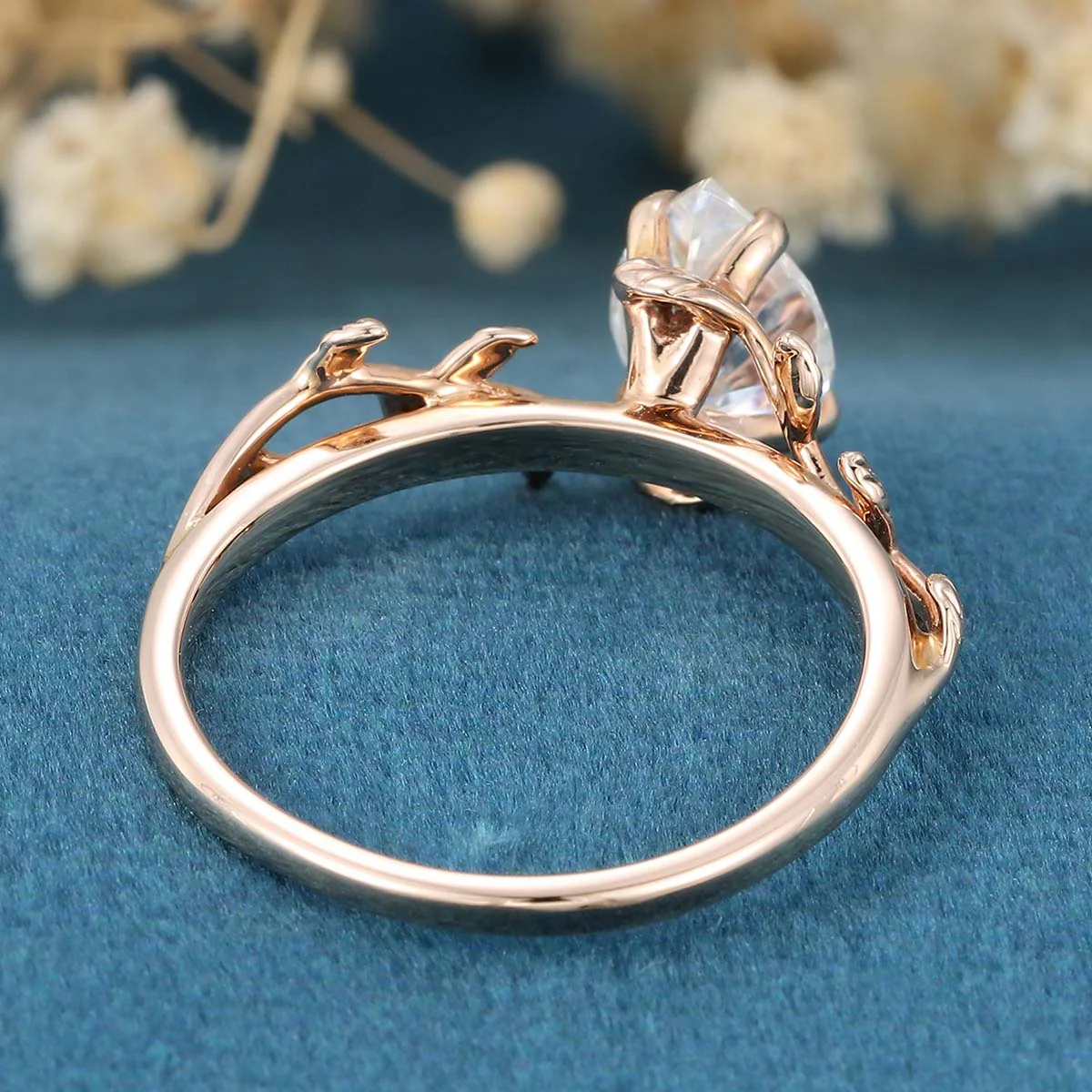 Nature Inspired Pear cut Moissanite Leaf Gold Engagement Ring - Image 6