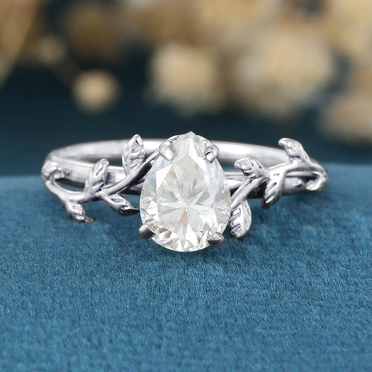 Nature Inspired Pear cut Moissanite Leaf Gold Engagement Ring - Image 7
