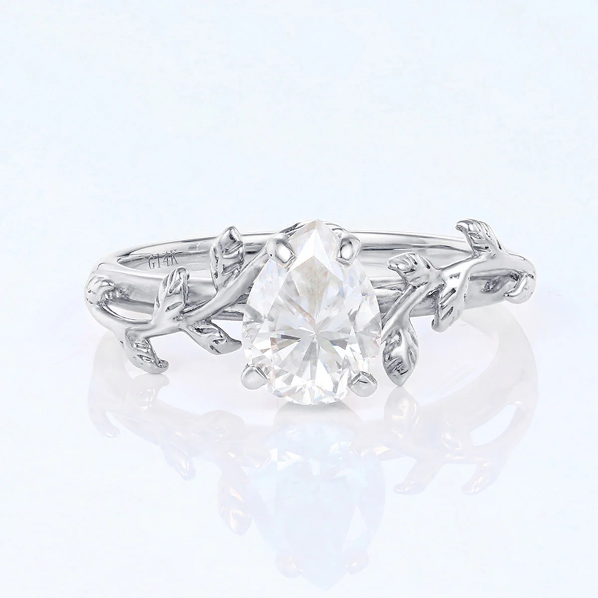 Nature Inspired Pear cut Moissanite Leaf Gold Engagement Ring - Image 8