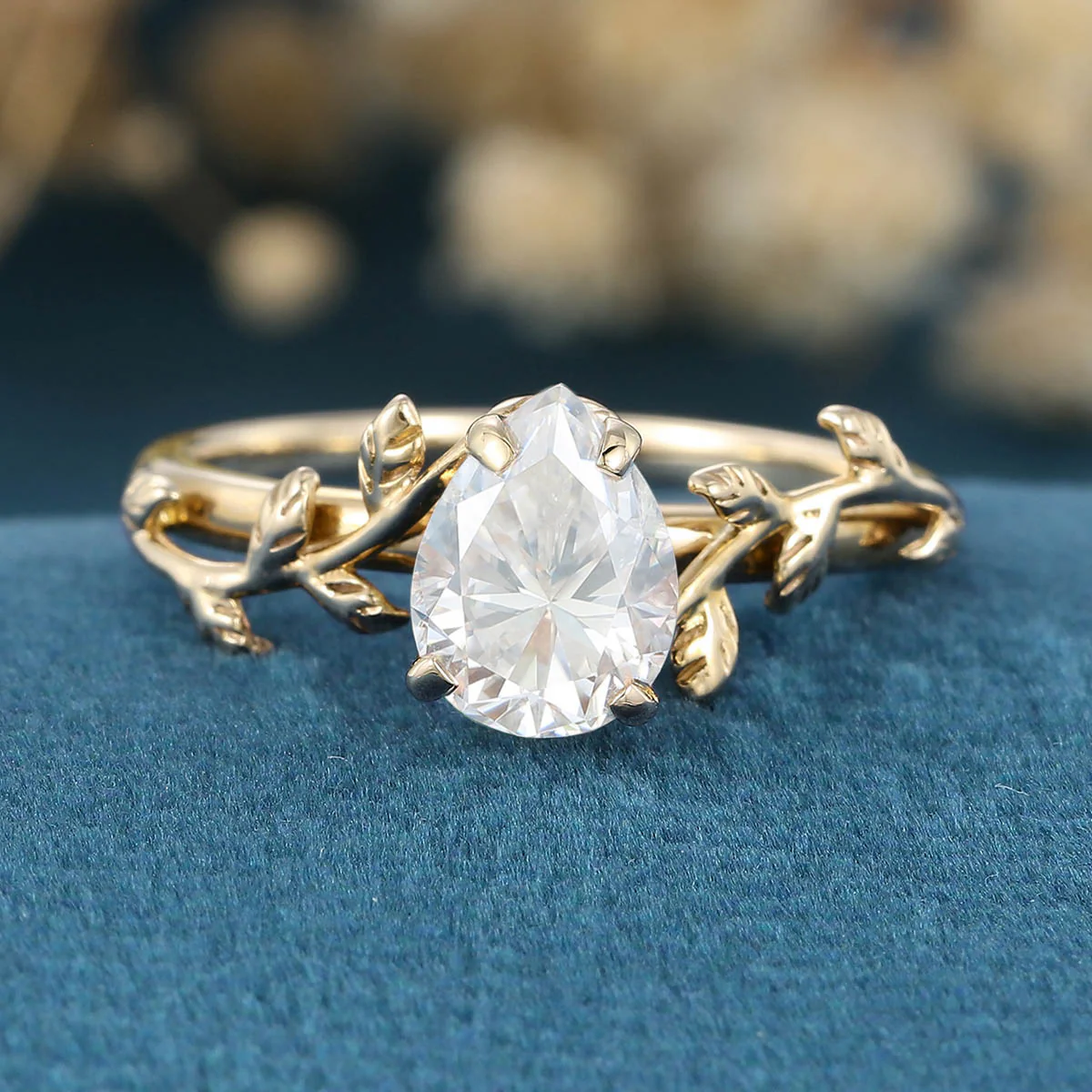 Nature Inspired Pear cut Moissanite Leaf Gold Engagement Ring - Image 9