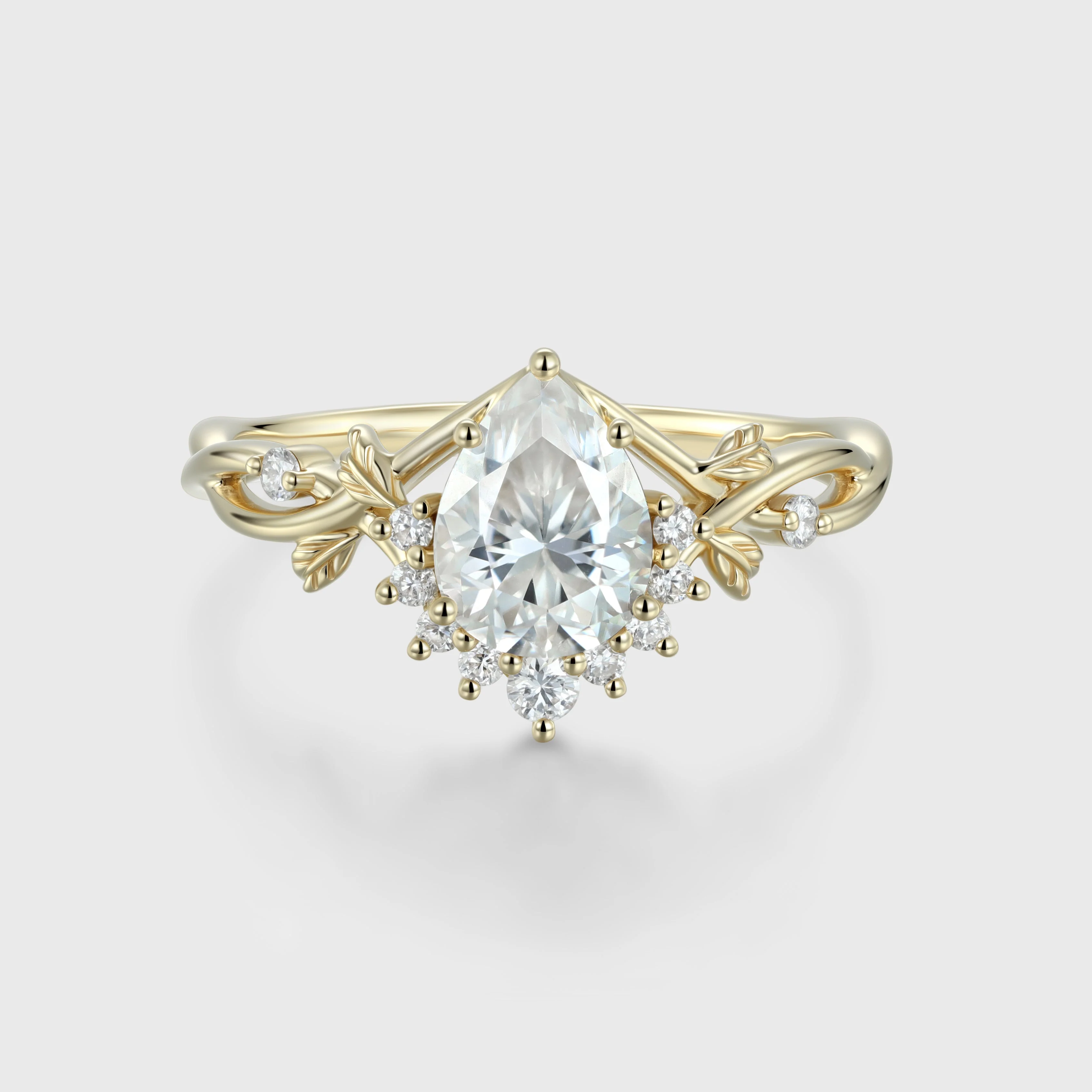 Nature Inspired Pear cut Moissanite Leaf Gold Engagement Ring - Image 4