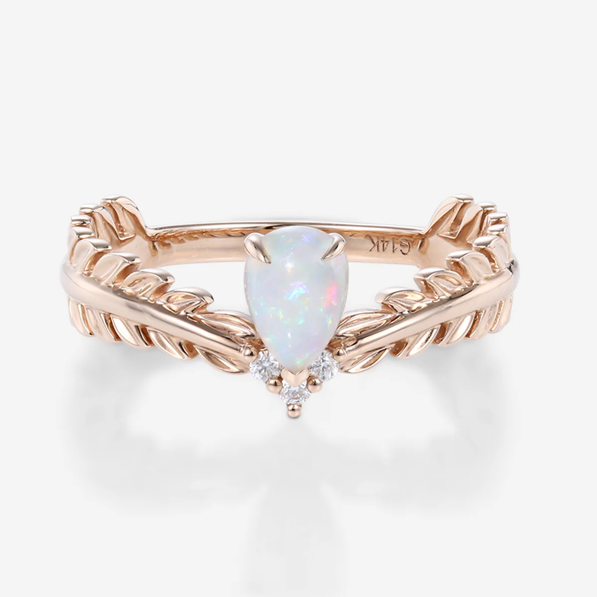 Nature Inspired Pear cut Opal Leaf Gold Engagement Ring