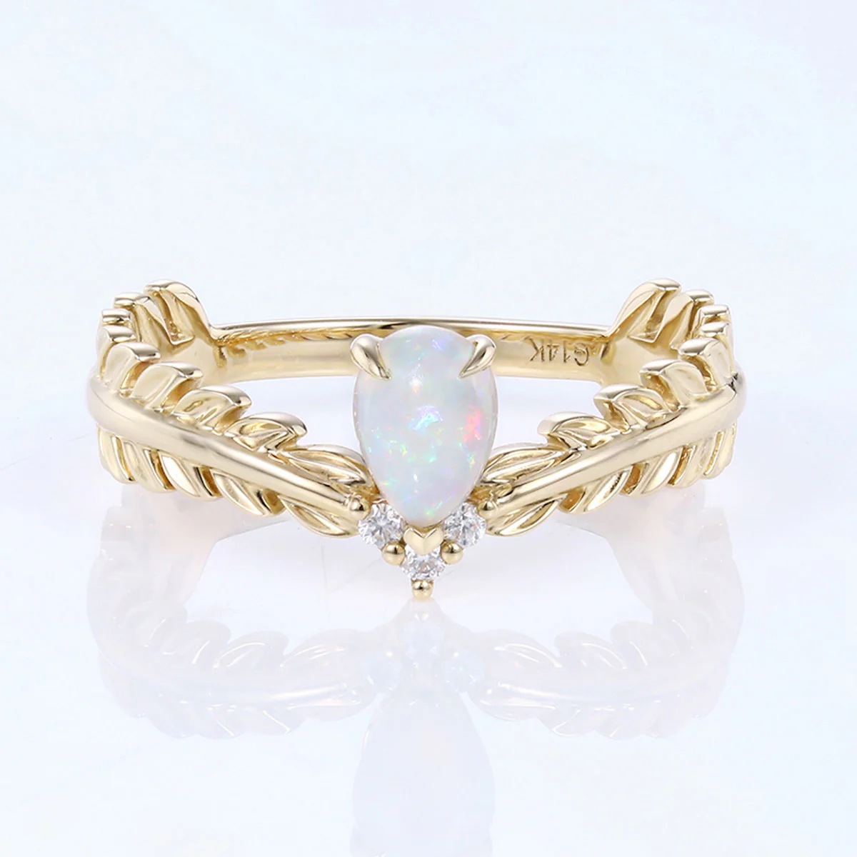 Nature Inspired Pear cut Opal Leaf Gold Engagement Ring - Image 10