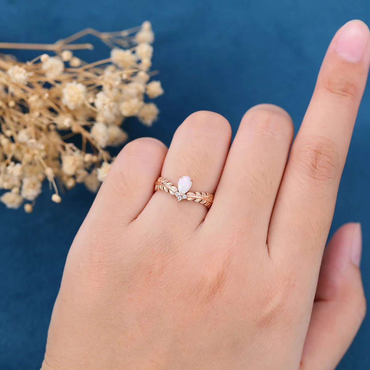 Nature Inspired Pear cut Opal Leaf Gold Engagement Ring - Image 2