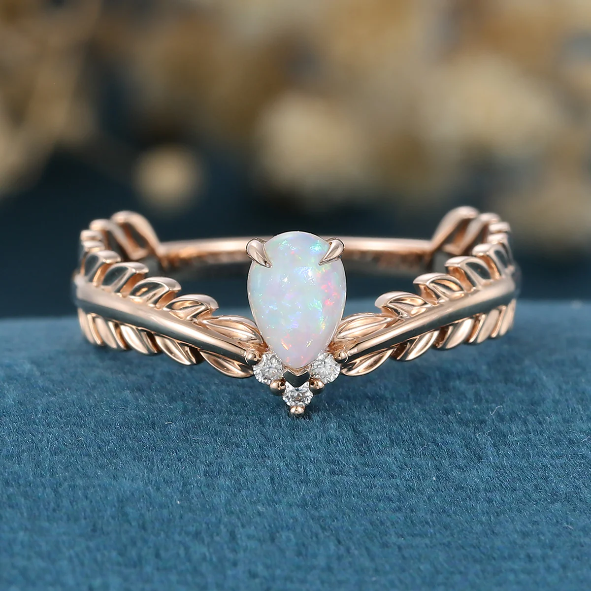Nature Inspired Pear cut Opal Leaf Gold Engagement Ring - Image 3