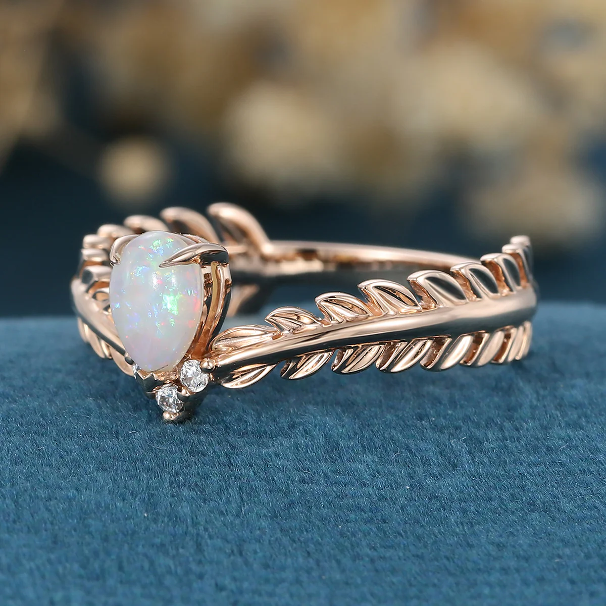 Nature Inspired Pear cut Opal Leaf Gold Engagement Ring - Image 4
