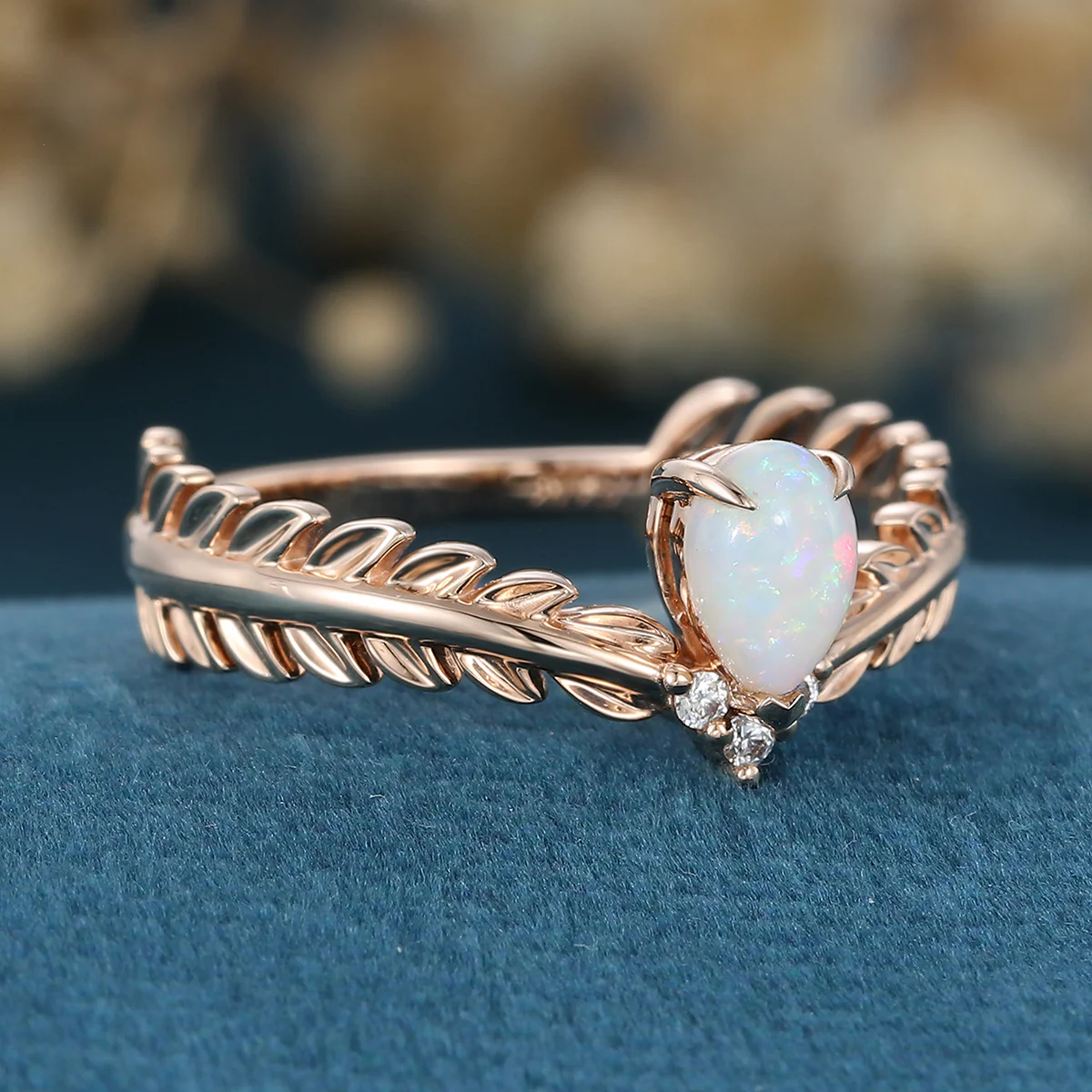 Nature Inspired Pear cut Opal Leaf Gold Engagement Ring - Image 5