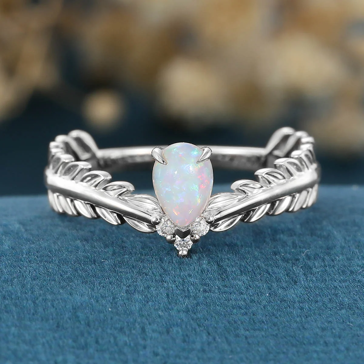 Nature Inspired Pear cut Opal Leaf Gold Engagement Ring - Image 7
