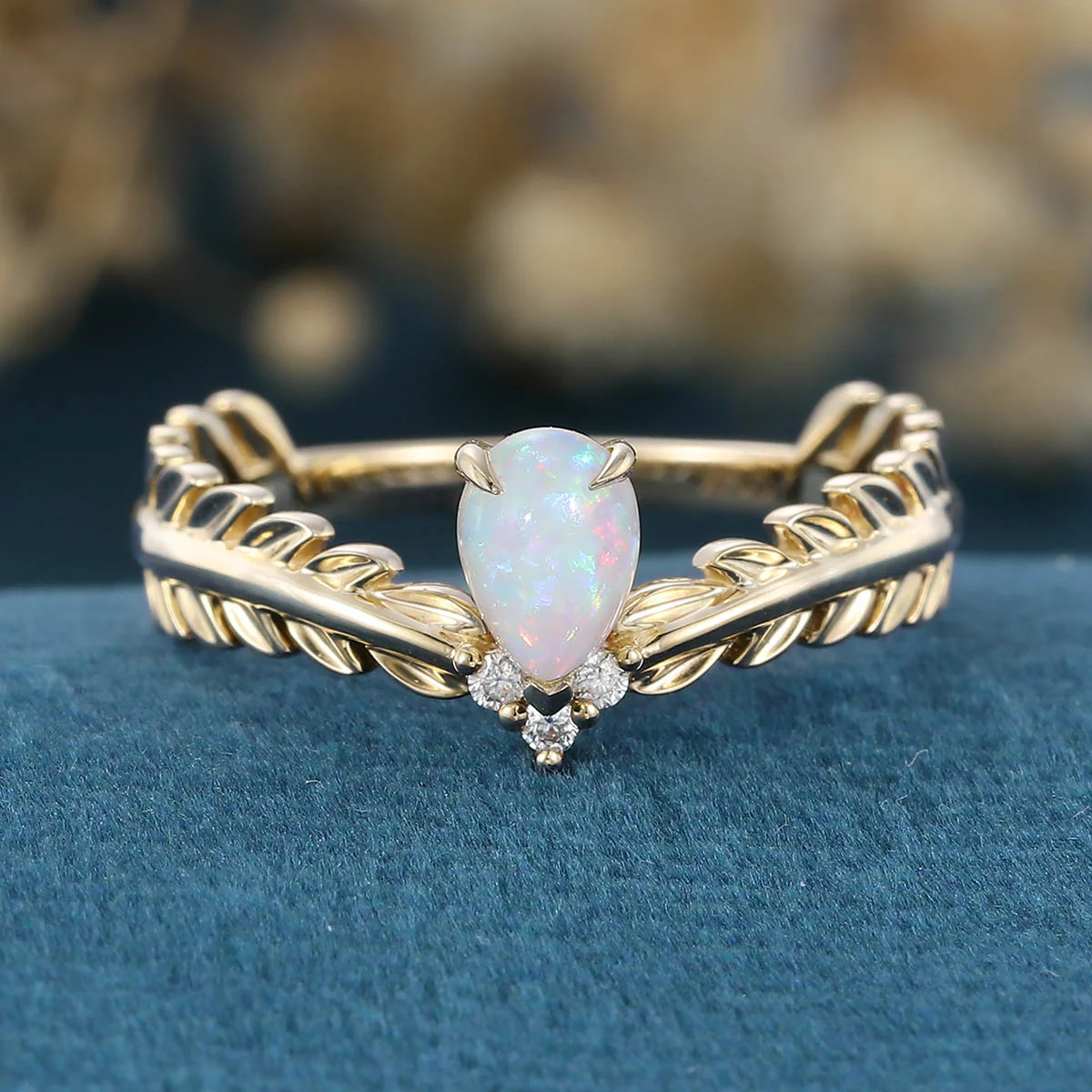 Nature Inspired Pear cut Opal Leaf Gold Engagement Ring - Image 9