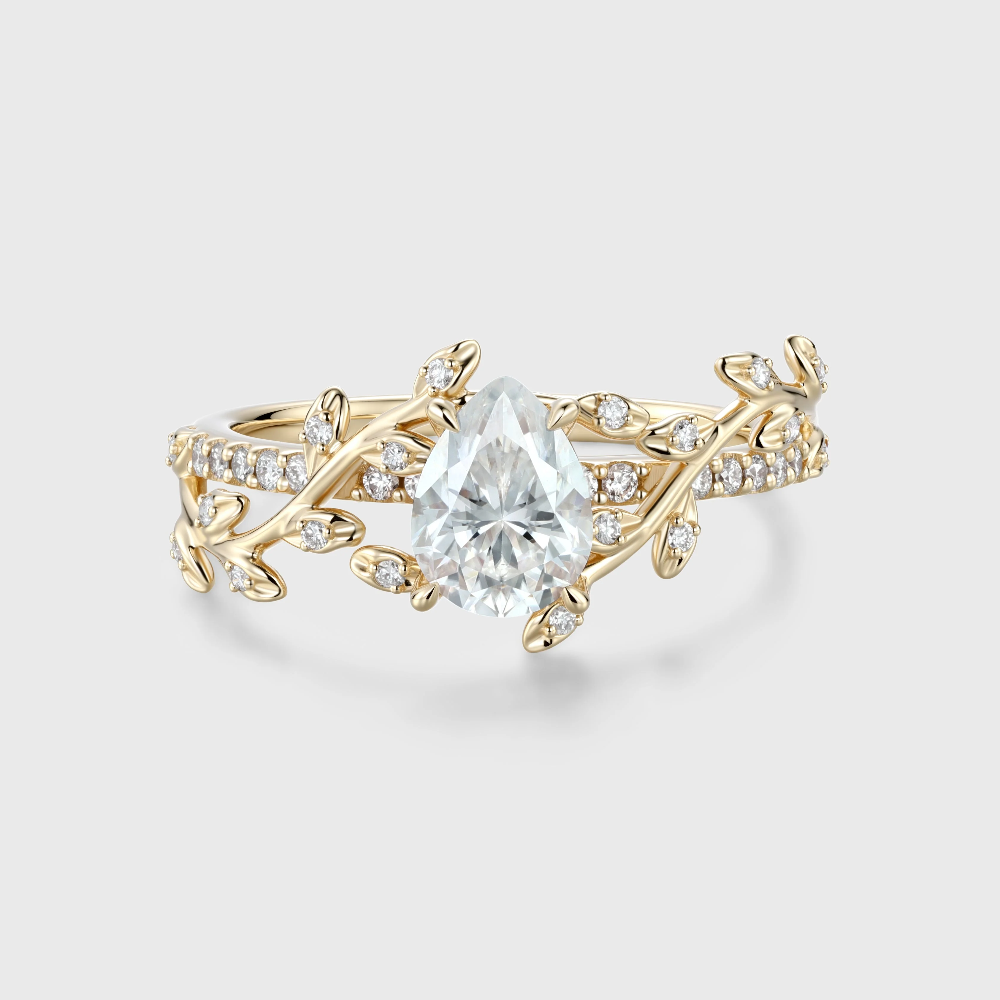 Nature Inspired Pear cut Moissanite Leaf Gold Engagement Ring - Image 2