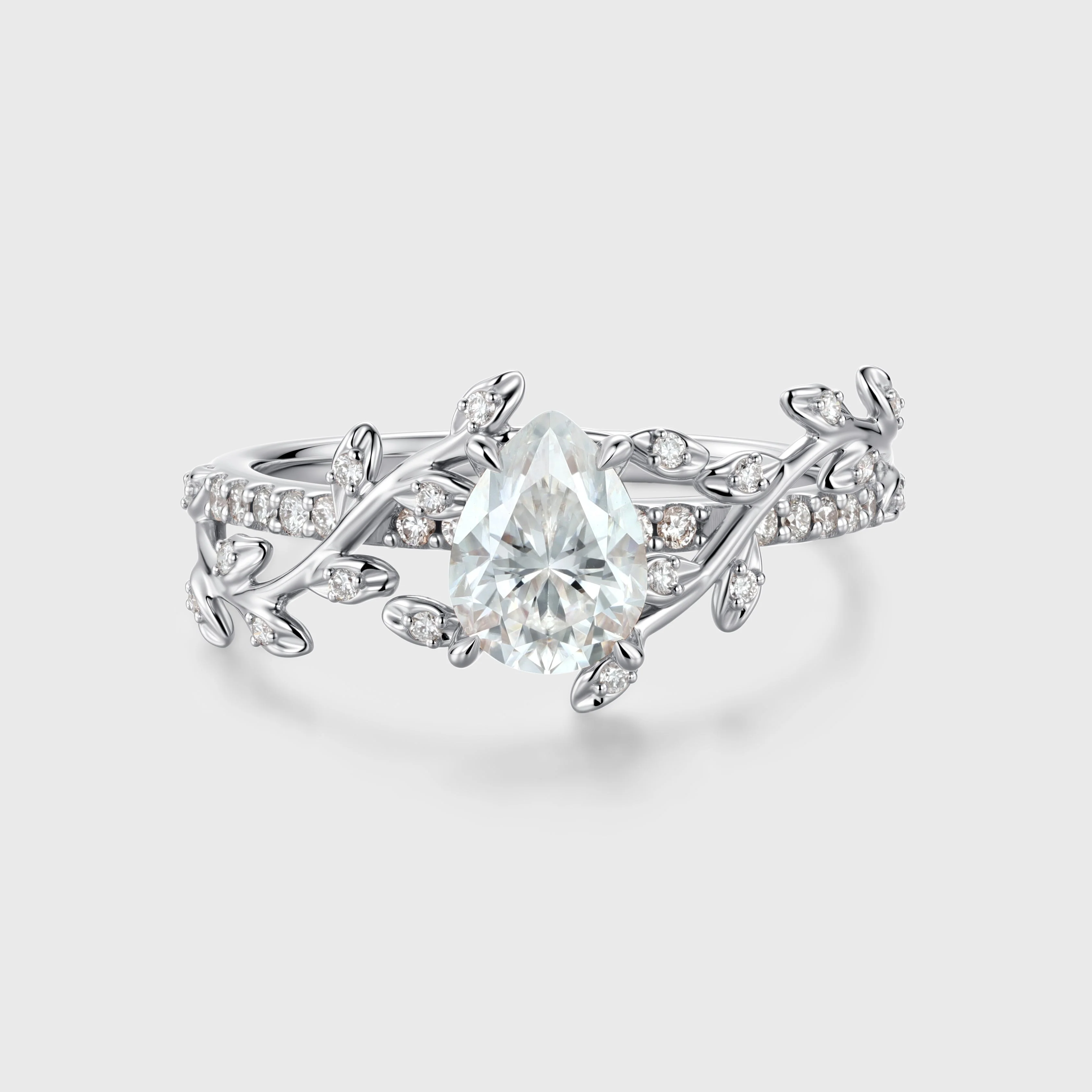 Nature Inspired Pear cut Moissanite Leaf Gold Engagement Ring - Image 3