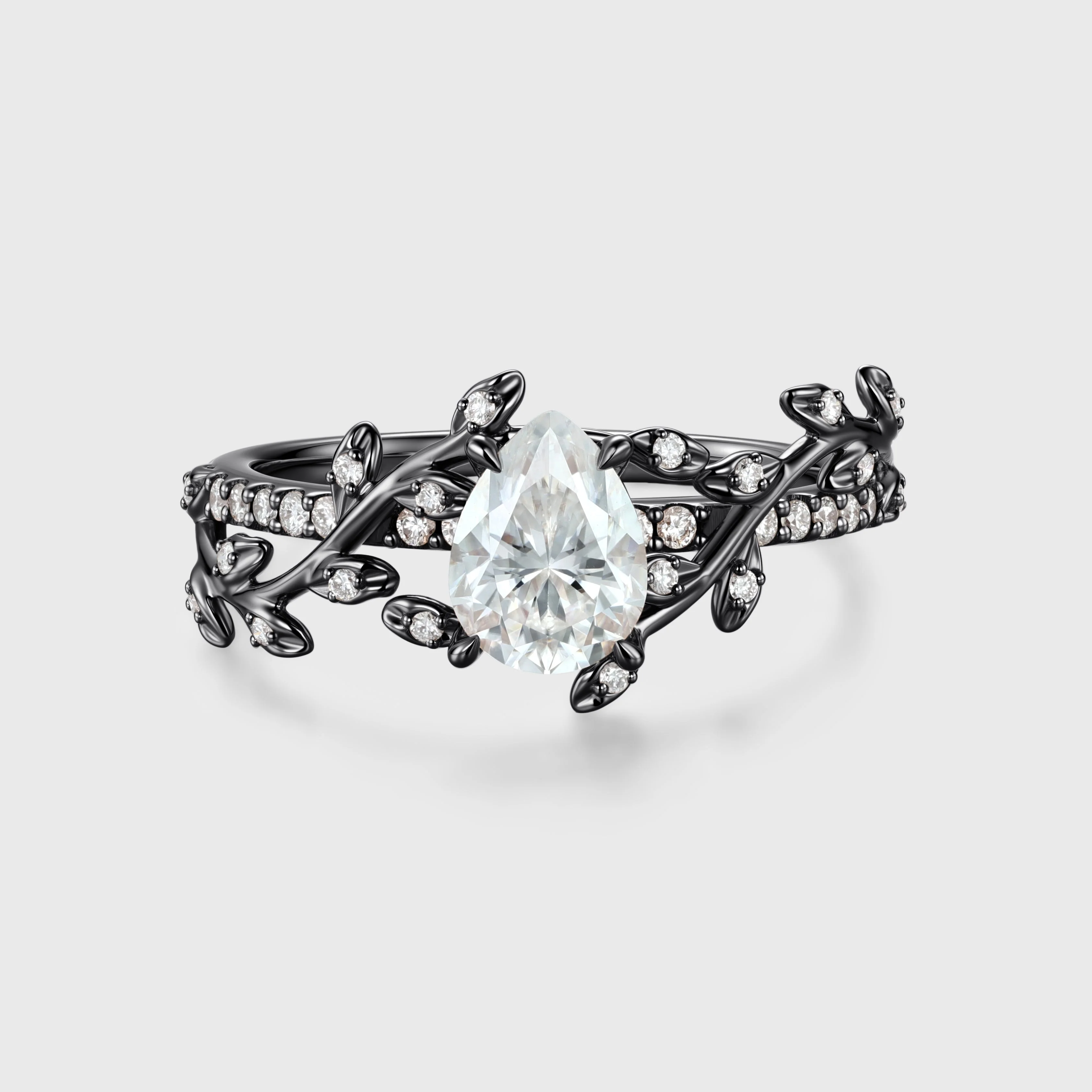 Nature Inspired Pear cut Moissanite Leaf Gold Engagement Ring - Image 4