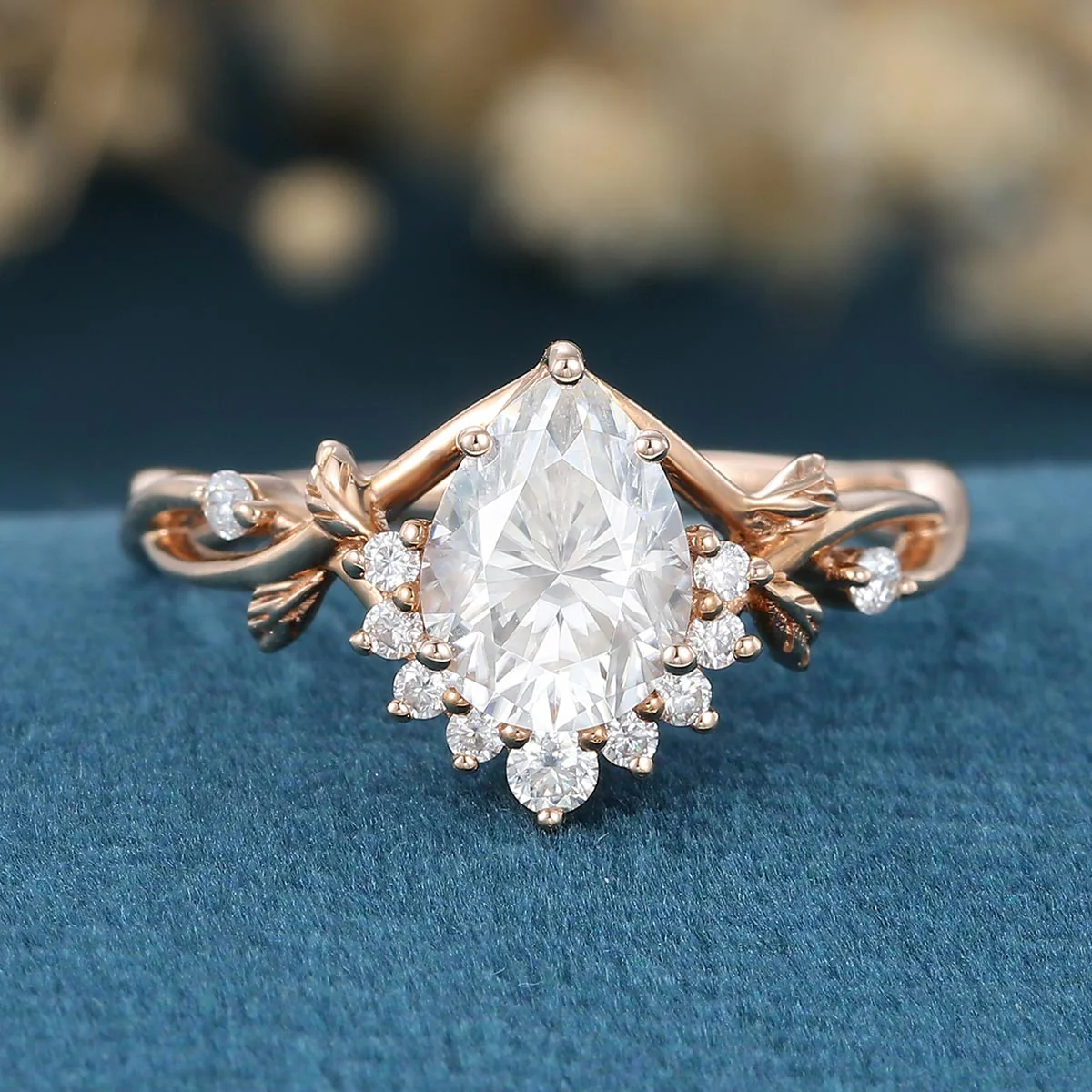 Nature Inspired Pear cut Moissanite Leaf Gold Engagement Ring - Image 6