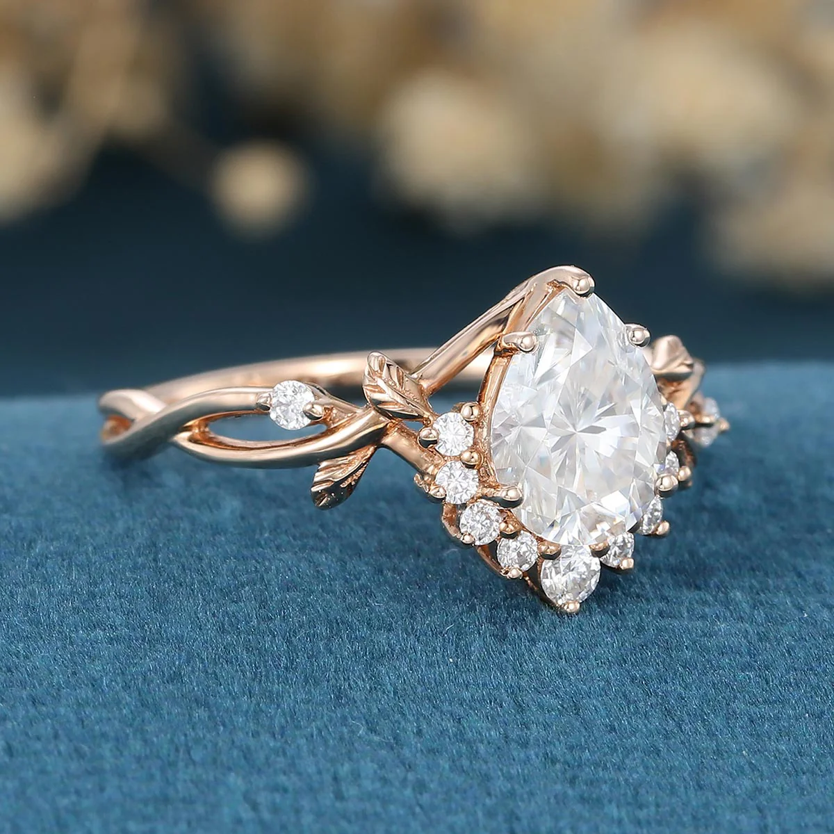 Nature Inspired Pear cut Moissanite Leaf Gold Engagement Ring - Image 7