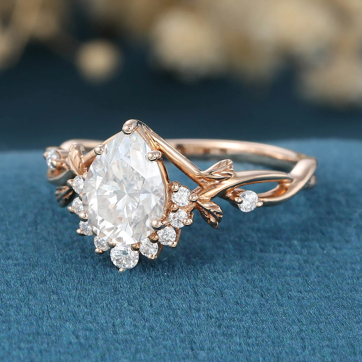 Nature Inspired Pear cut Moissanite Leaf Gold Engagement Ring - Image 8