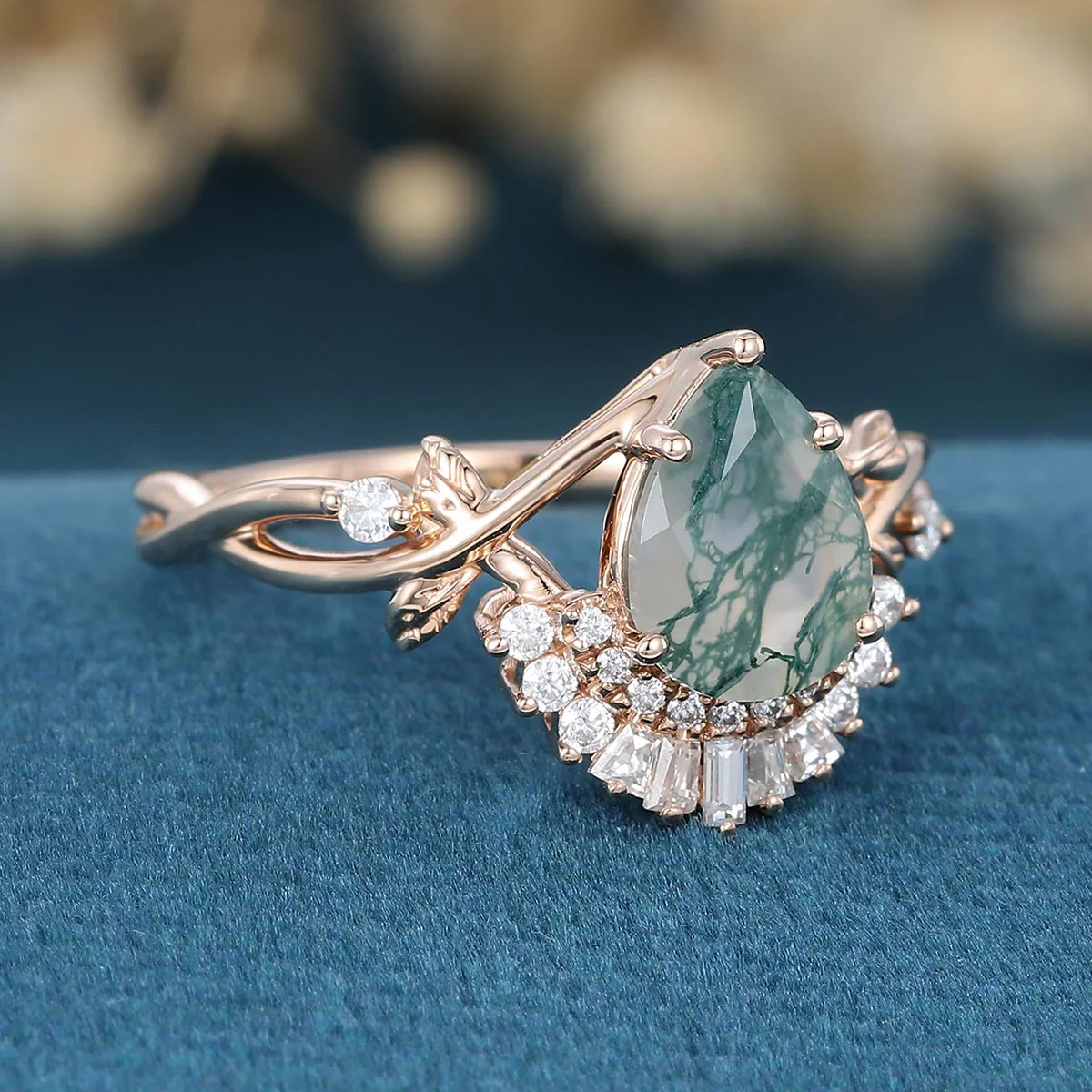 Nature Inspired Pear cut Moss Agate Leaf Gold Engagement Ring - Image 4