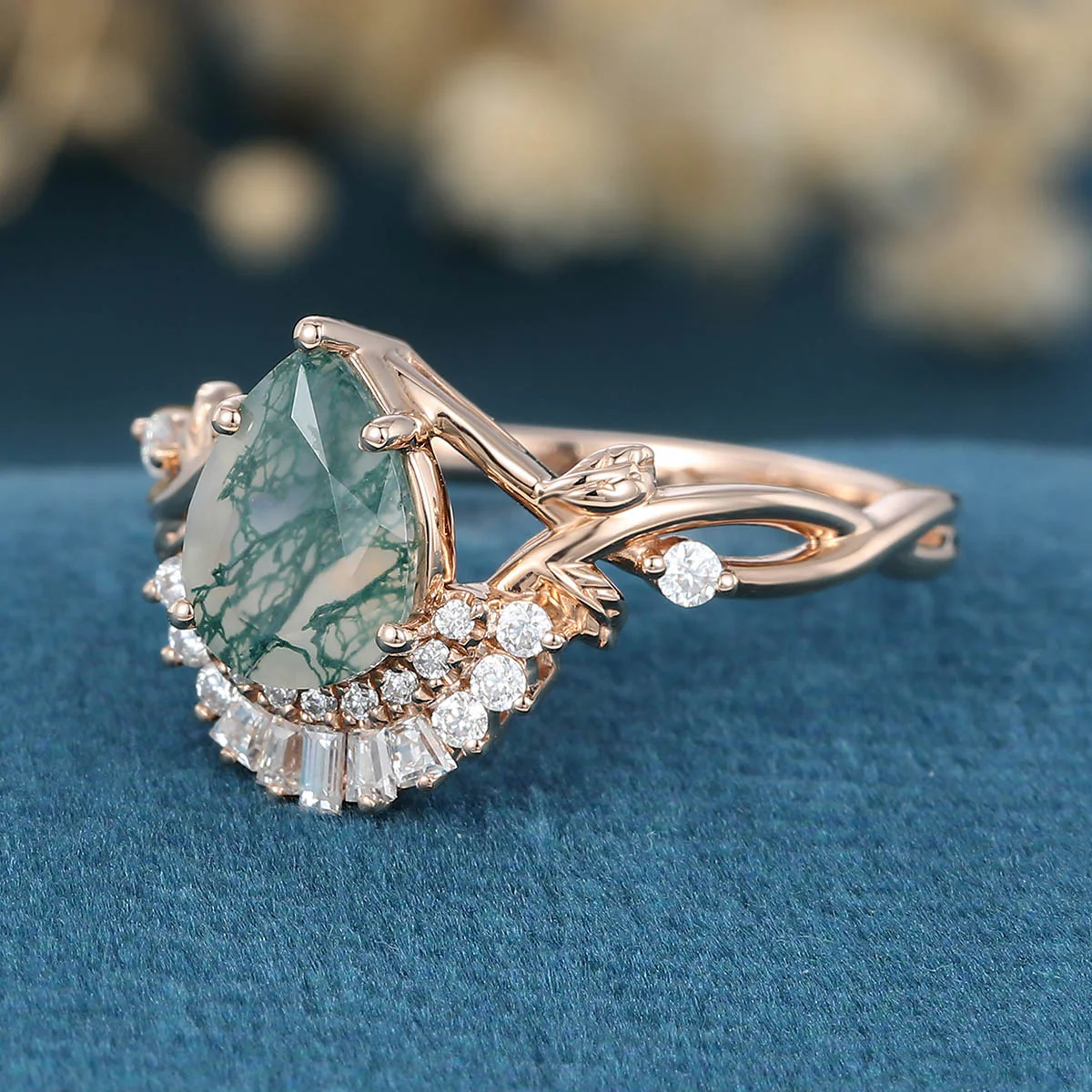 Nature Inspired Pear cut Moss Agate Leaf Gold Engagement Ring - Image 5