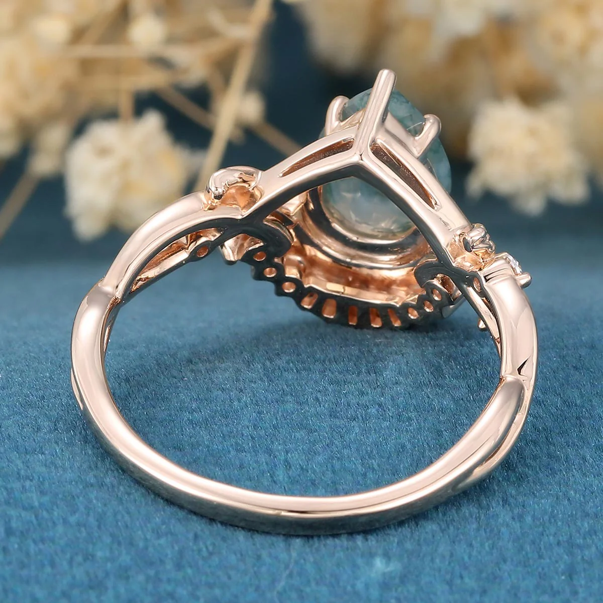 Nature Inspired Pear cut Moss Agate Leaf Gold Engagement Ring - Image 6