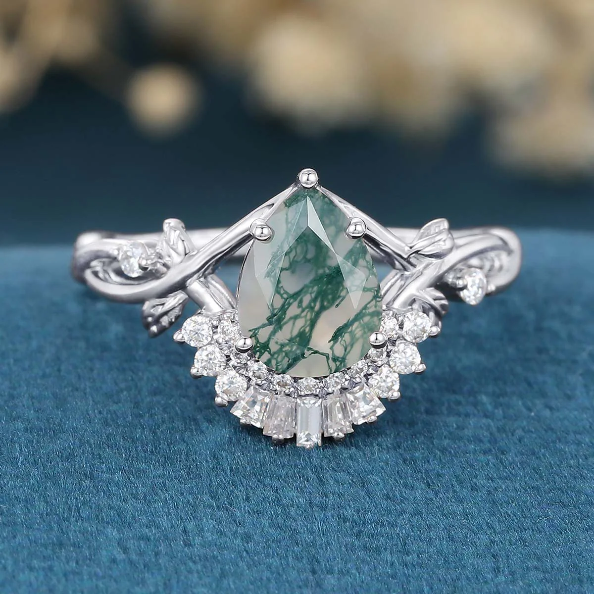 Nature Inspired Pear cut Moss Agate Leaf Gold Engagement Ring - Image 7