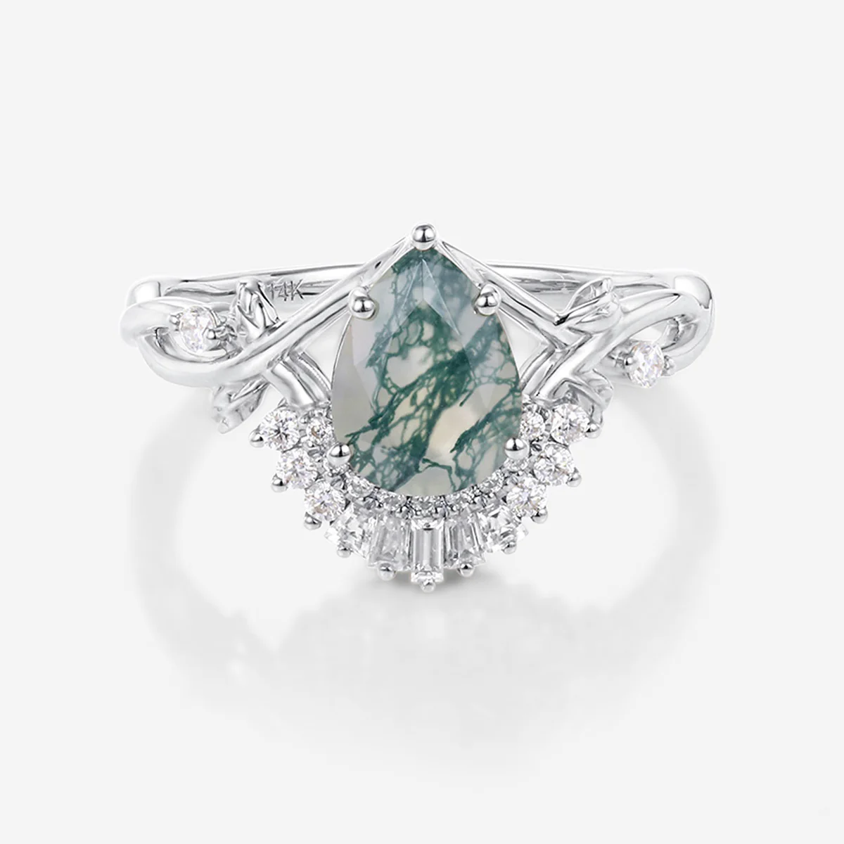 Nature Inspired Pear cut Moss Agate Leaf Gold Engagement Ring - Image 8
