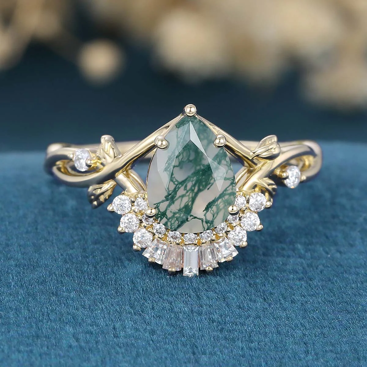 Nature Inspired Pear cut Moss Agate Leaf Gold Engagement Ring - Image 9