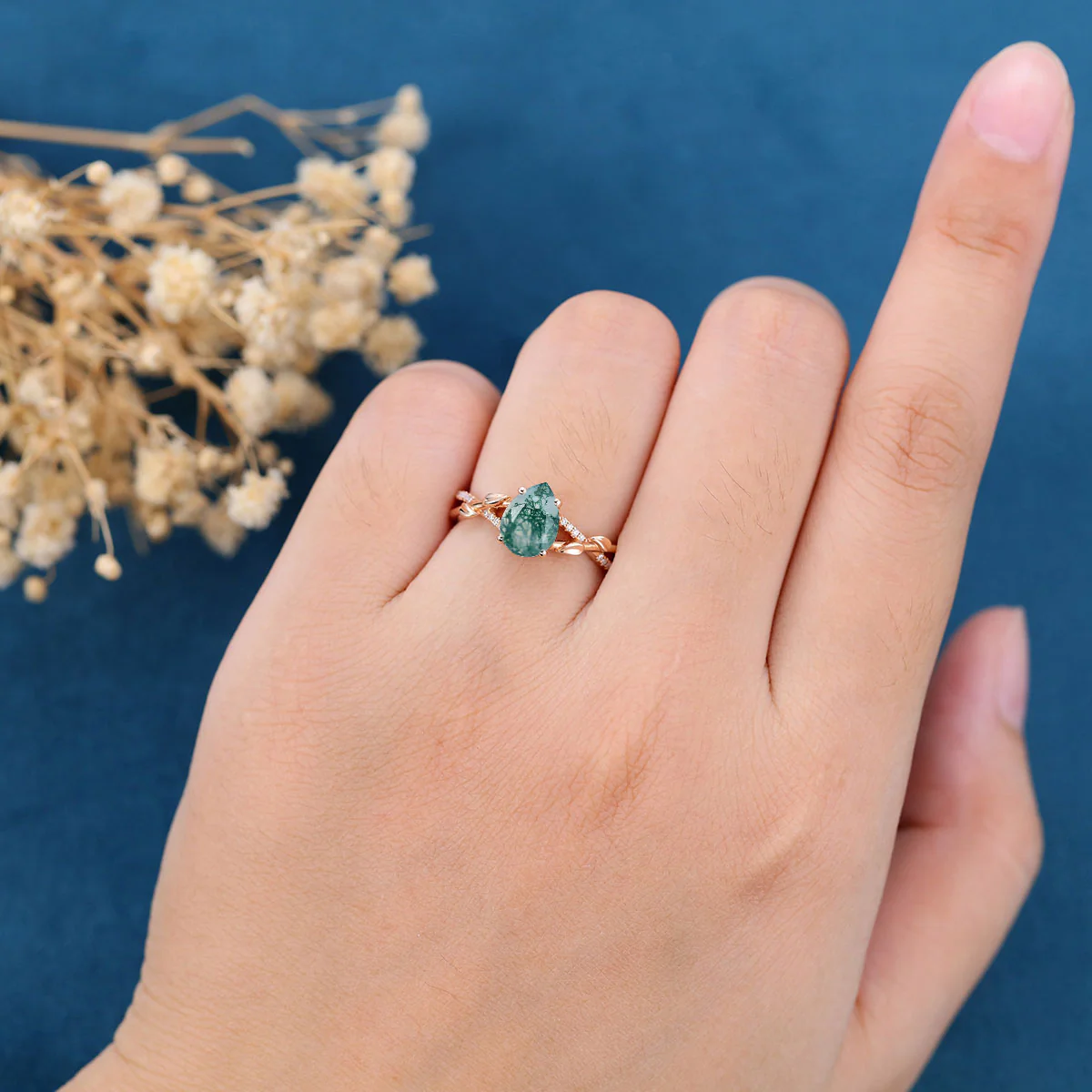 Nature Inspired Pear cut Moss Agate Leaf Gold Engagement Ring - Image 2