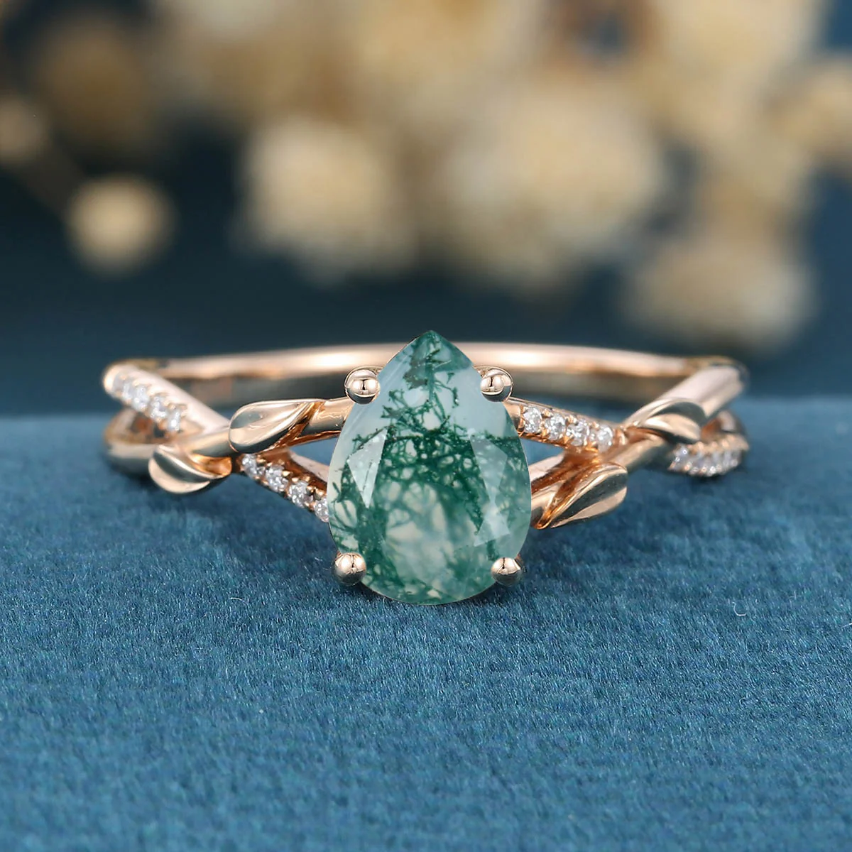 Nature Inspired Pear cut Moss Agate Leaf Gold Engagement Ring - Image 3