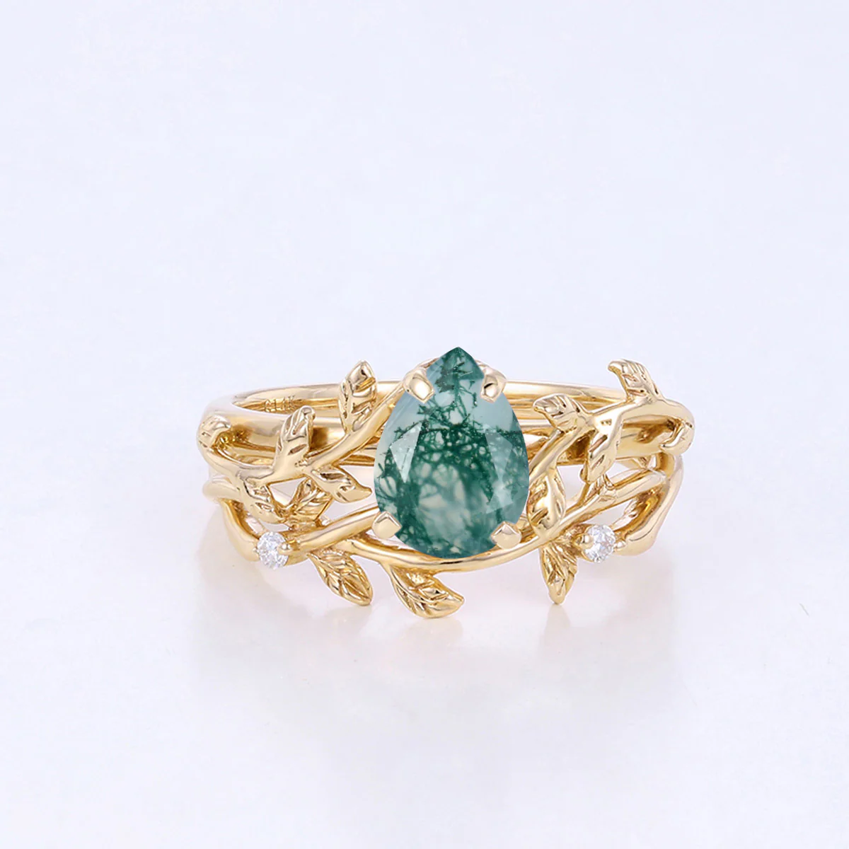Nature Inspired Pear cut Moss Agate Leaf Gold ring set - Image 10